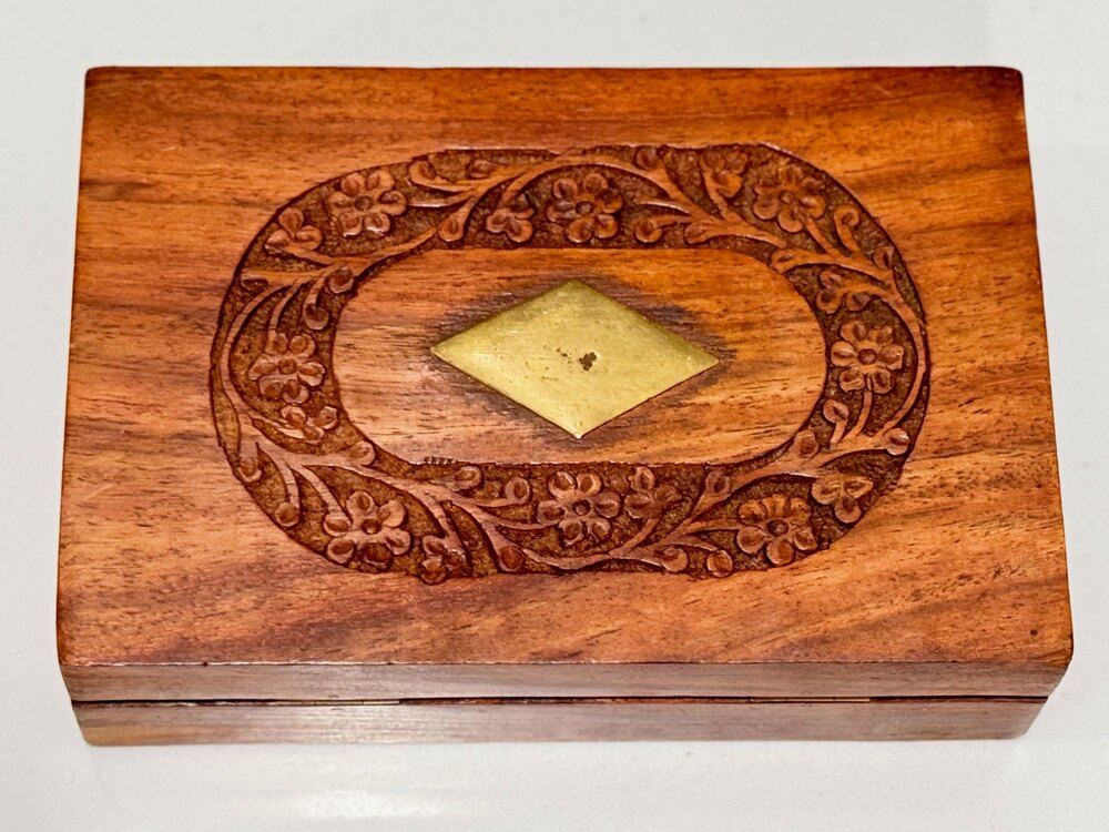 Vintage 80s 90s Wood Indian 6" Jewelry Box Hand Carved Brass Diamond Inlay Boho